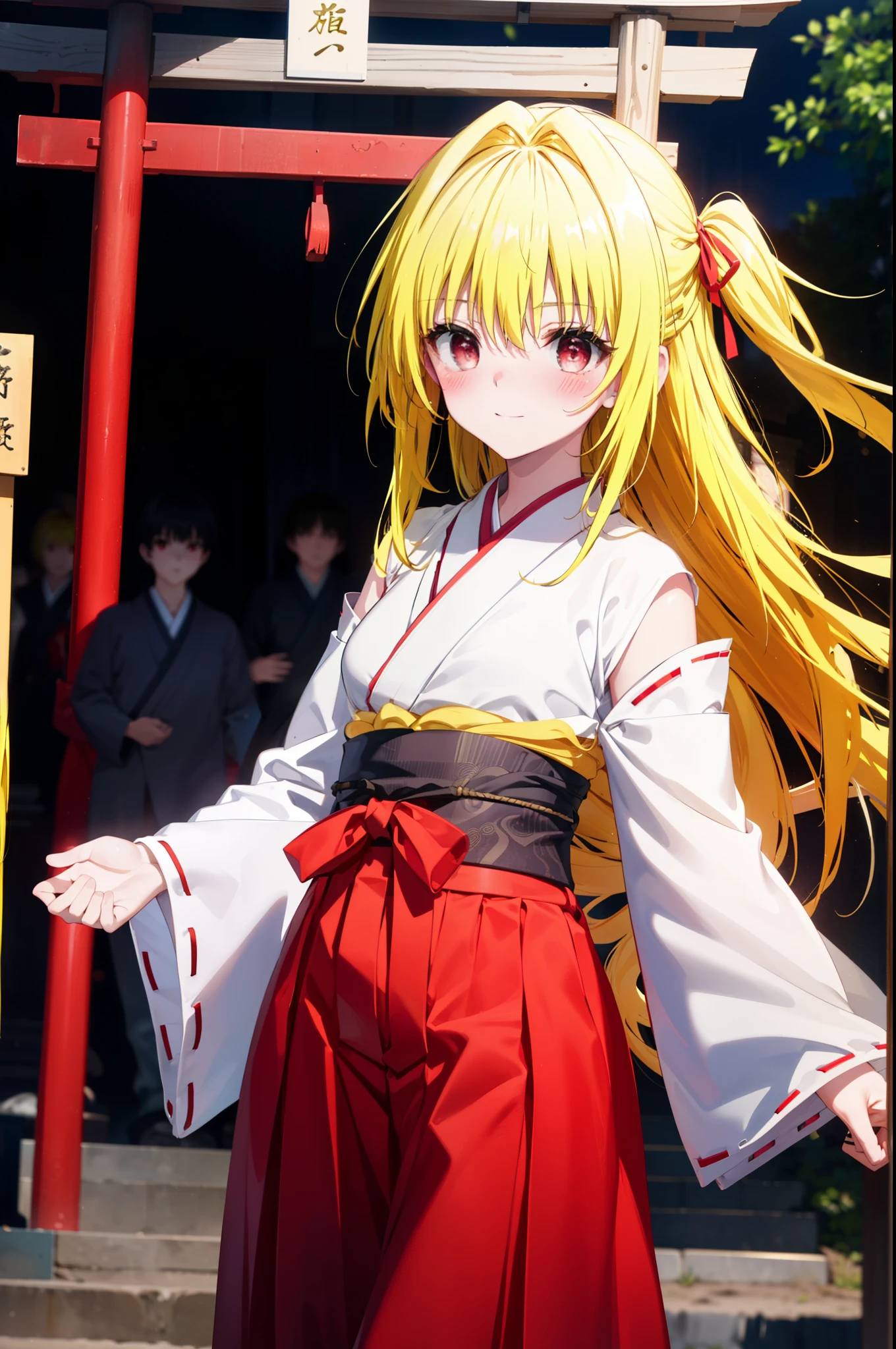toloverumy, my, (Yellow Hair:1.5), Long Hair, (Red eyes:1.5), smile,blush, Embarrassing,White headband,Straight long hair,Platycodon grandiflorum,Miko, White kimono, kimono,Red Hakama,White tabi,Sandals, Wide sleeves, Long sleeve, Ribbon-trimmed sleeves, Daytime,Clear skies,
とてもLong Hair,  
Watching the audience, Are standing, 
break outdoors, shrine,torii,
break looking at viewer, (Cowboy Shot:1.5),
break (masterpiece:1.2), highest quality, High resolution, unity 8k wallpaper, (shape:0.8), (Beautiful details:1.6), Highly detailed face, Perfect lighting, Extremely detailed CG, (Perfect hands, Perfect Anatomy),