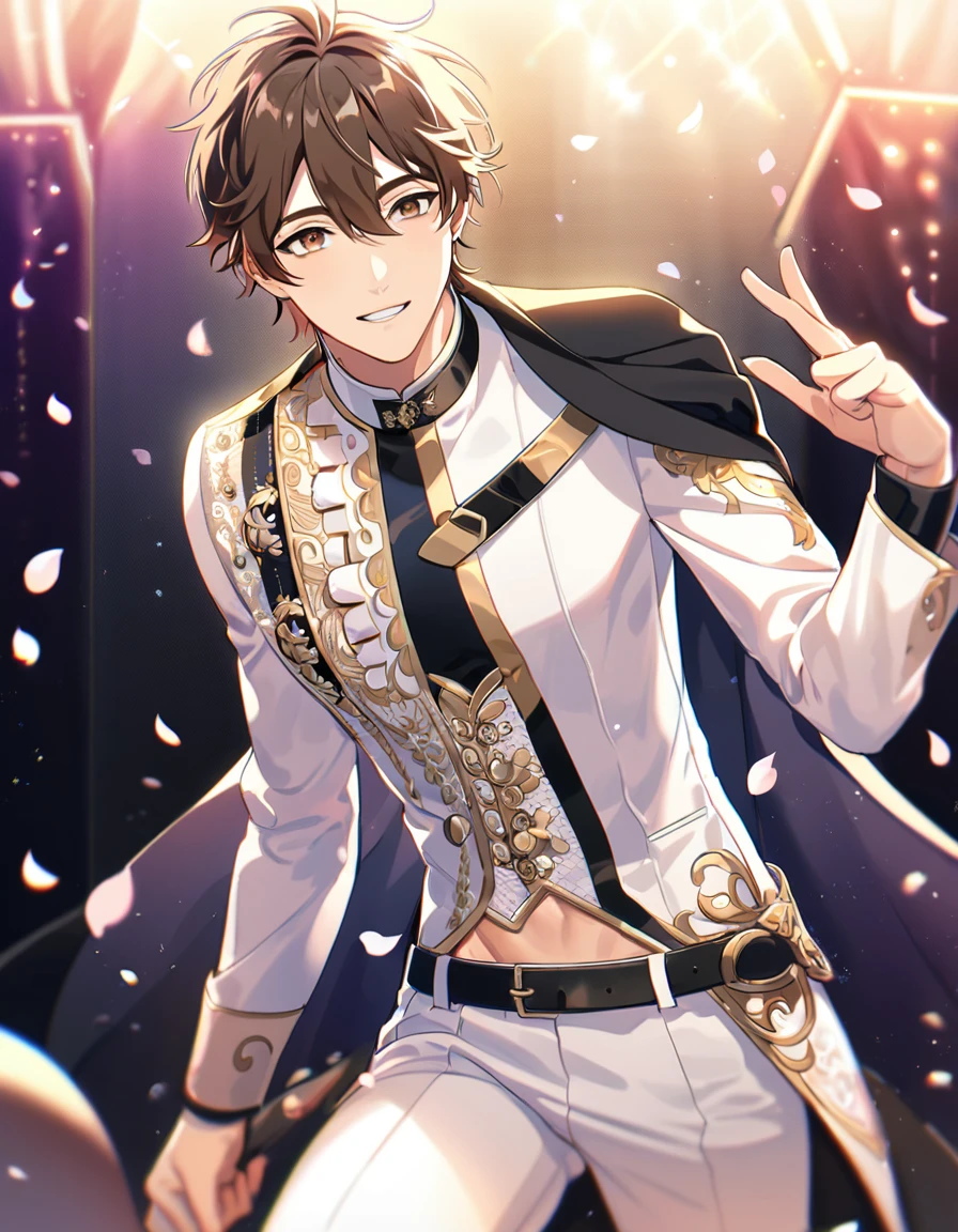 absurdres, highres, ultra detailed, HDR, master piece, best quality, perfect face, beautiful eyes, delicate features, Eiden, brown hair, expressive brown eyes, Nu Carnival, solo, sexy man, handsome, idol, idol white clothes, black belt, black cape, stage, lights, petals, flowers