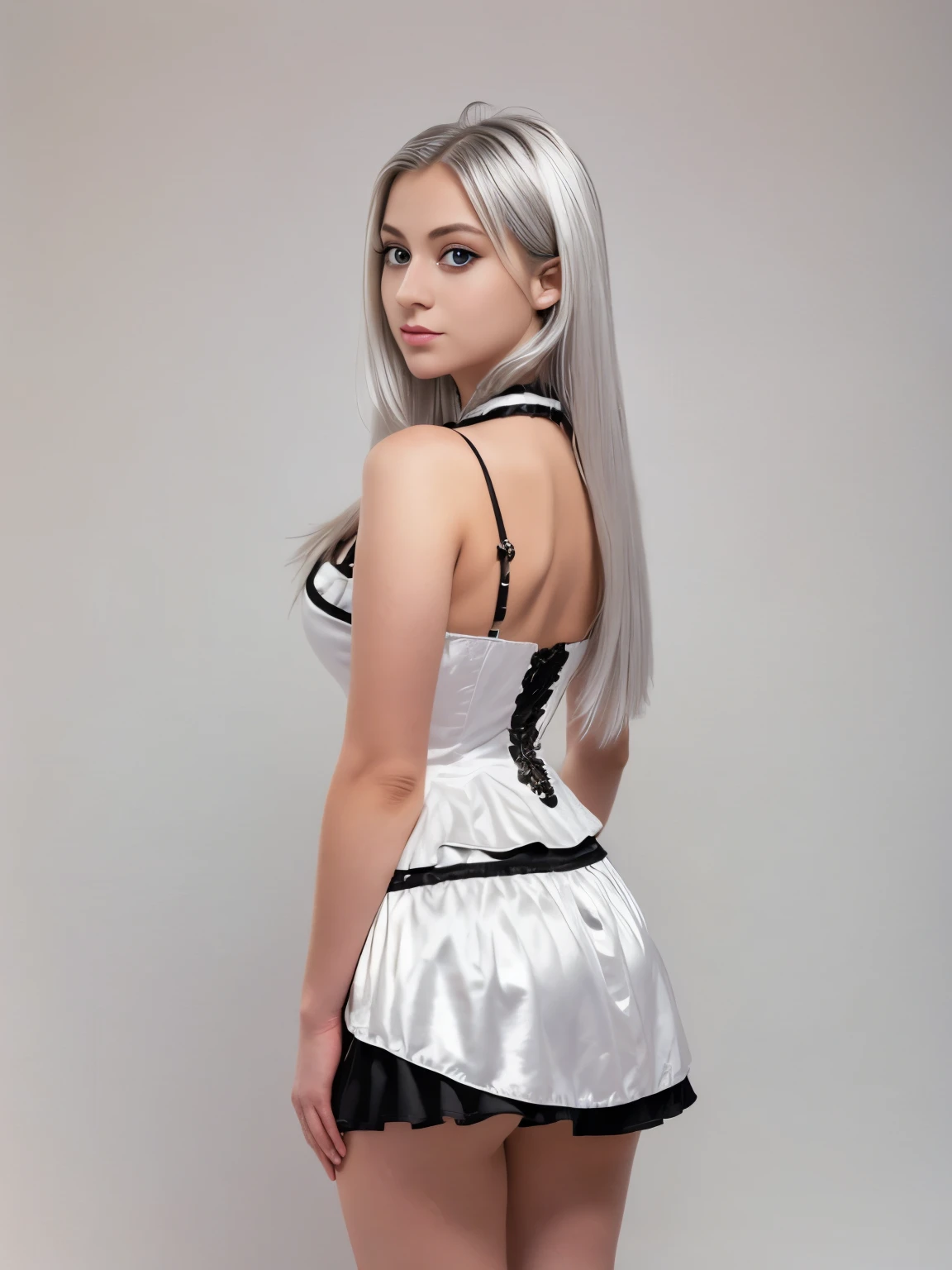 ((Masterpiece)), (highest quality))), (Character design sheet, national costume, same character, front, side, back), illustration, 1 girl, full body, silver hair, eye hair, beautiful eyes, princess cut, environmental change scene, short skirt, shyness, woman, girl, standing, goth , V-tuber, chartaan betarola, (simple background, white background: 1.3) ( Masterpiece:1.2), (Best Quality:1.3)