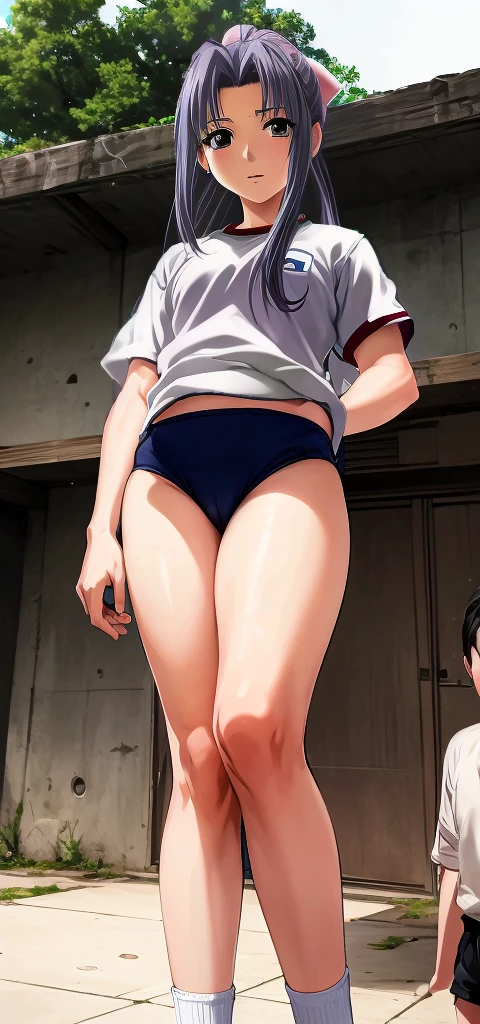 Momoko Koigakubo, a tall girl with beautiful legs, is standing in a white gym uniform and navy blue bloomers that look like panties.。