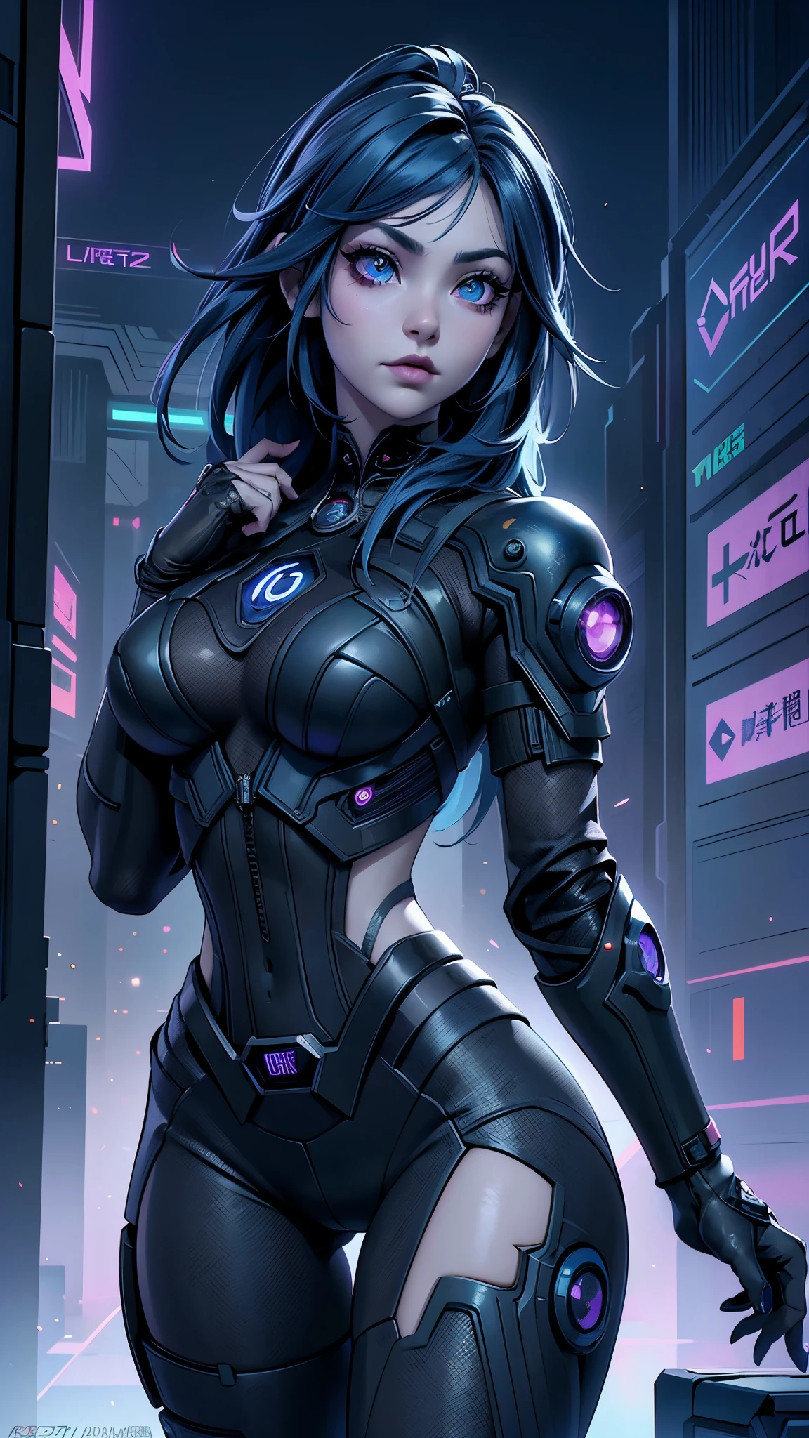 (una mujer con cabello azul y un top negro) , cyberpunk 2 0 years. o model girl, en estilo ciberpunk, en la ciudad ciberpunk, (al estilo de ross tran:1.4) , chica anime ciberpunk, female chica anime ciberpunk, (ross tran 8k) , estilo cyberpunk hiperrealista, estilo de arte ciberpunk, arte digital del anime cyberpunk, chica ciberpunk, chica hermosa ciberpunk, (Detalles de la cara: 1.5, ojos azules brillantes, hermoso rostro, ojos bonitos, Contorno del iris, labios delgados: 1.5, Thin, sharp pale eyebrows, Long, dark eyelashes, double tabs),(colores brillantes), (Obra maestra: 1.4), (8K, realista, foto cruda, La mejor calidad: 1.4),