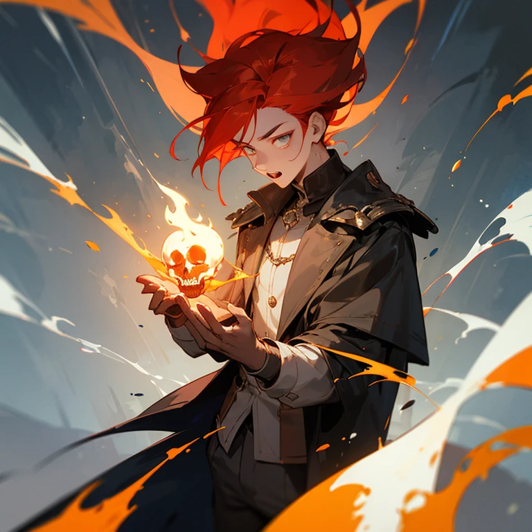 I am a nineteen-year-old young man., He had fiery red hair and a necromancer's staff, his fiery red hair flowing down to his shoulders.., A sharp contrast to the typical black or brown shades of its peers.. In his hands, he held a wooden cane, Decorated with ancient symbols and amulets to manipulate the supernatural world of hair.. His intense eyes hinted at the power hidden within him.., Makes onlookers interesting and cautious.. He wore a simple tunic., reveal something strong, strong muscles in the arms, Sprinkling the ashes of the burnt offering. his eyes shined