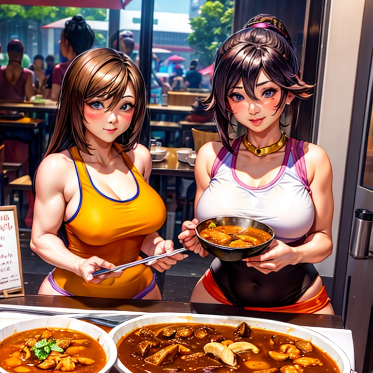 Woman in tight tank top and tight hot pants eating massaman curry at a Thai food stall highest quality