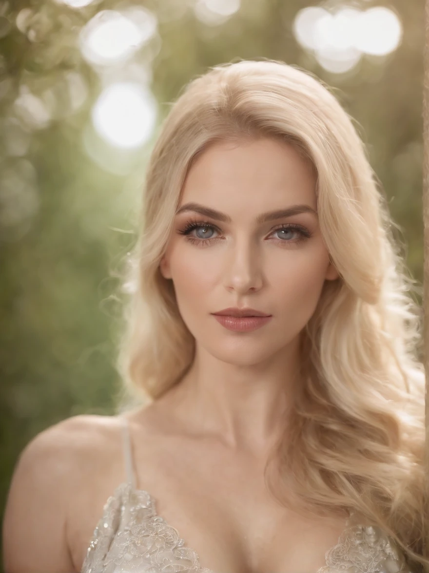 ((melhor qualidade)), ((obra de arte)), (detalhado), (((Uma mulher sexy))). As the camera pans through the enchanted forest, the magical bokeh of the lights creates a dreamlike atmosphere. No centro da floresta, is a 45 year old MILF goddess, de corpo definido, seios grandes e redondos. Your hair is blonde, your mouth is big with full lips, Your eyes are blue. She is wearing a low-cut dress, drawing attention to her large breasts., adding a touch of mystery to its already intriguing presence. its intricate details adding to the overall cinematic feel of the scene.