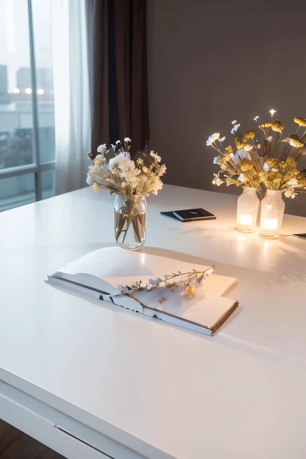 Shooting from a frontal perspective,Fresh milky white style,Night lights,Empty desk with dried flowers in the upper left corner,