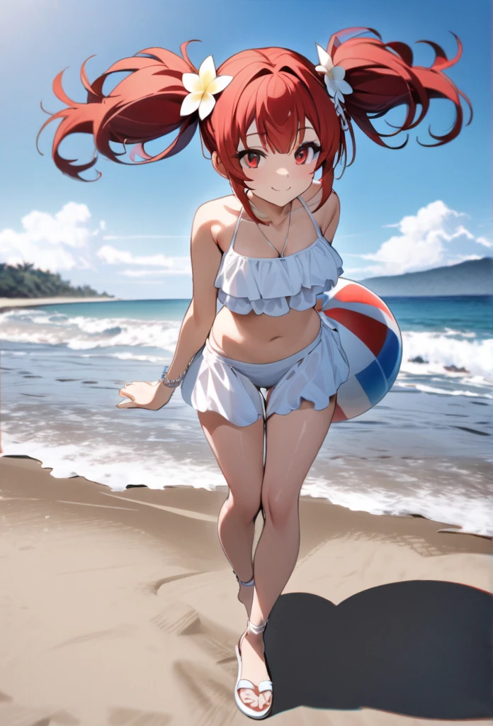 an anime girl is seen in the video of her showing her chest, 1girl, outdoors, swimsuit, solo, BLACK bikini, CHOKER , WET BODY, SMILE ,  braid,  day,  navel, side-tie bikini bottom, red hair, purple eyes, stomach, looking at viewer, beach, medium breasts, sky, cloud, hair ornament, cowboy shot, palm tree, tree, ahoge, halterneck, bare shoulders, ocean, very long hair, sunlight,meakurosaki, red hair, blue eyes, braid, braided ponytail, short hair with long locks, ahoge