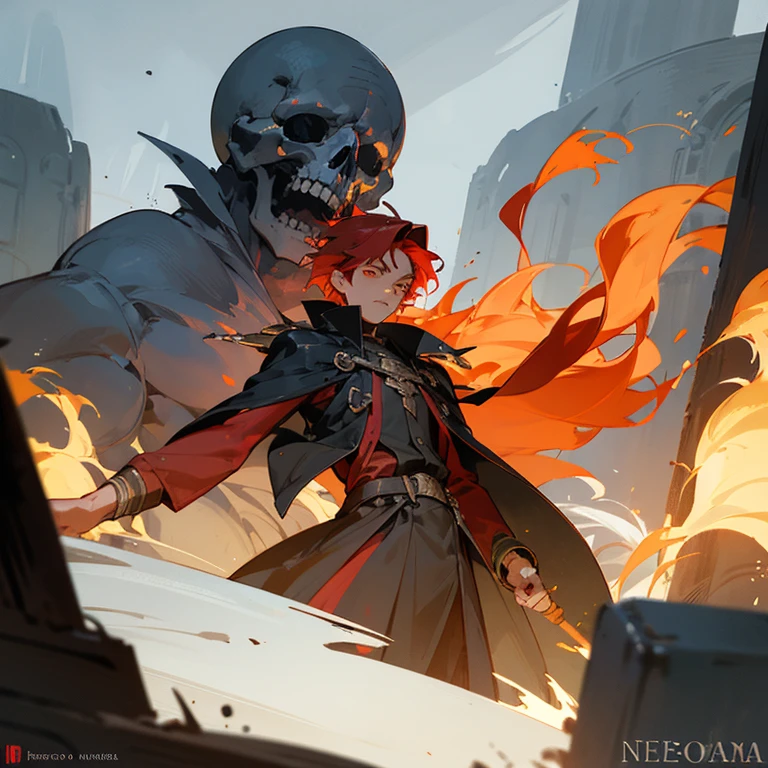 I am a nineteen-year-old young man., He had fiery red hair and a necromancer's staff, his fiery red hair flowing down to his shoulders.., A sharp contrast to the typical black or brown shades of its peers.. In his hands, he held a wooden cane, Decorated with ancient symbols and amulets to manipulate the supernatural world of hair.. His intense eyes hinted at the power hidden within him.., Makes onlookers interesting and cautious.. He wore a simple tunic., reveal something strong, strong muscles in the arms, Sprinkling the ashes of the burnt offering. his eyes shined