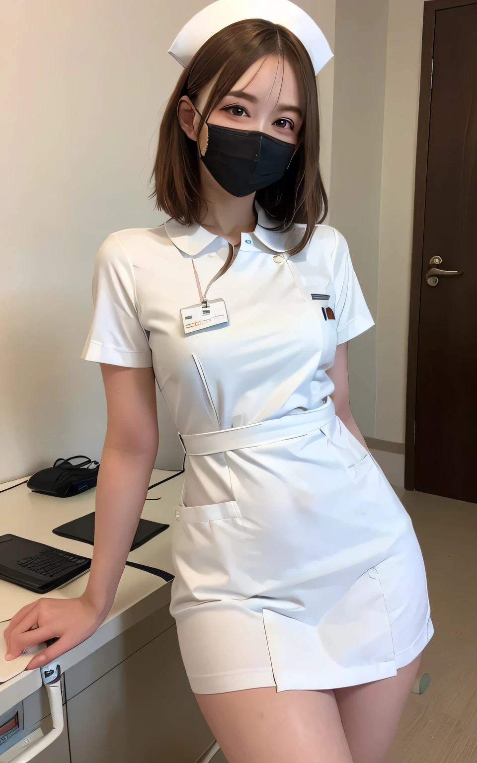 1 girl,(Wearing white nurse clothes:1.2),(RAW Photos, highest quality), (Realistic, photo-Realistic:1.4), masterpiece, Very delicate and beautiful, Very detailed, 2k wallpaper, wonderful, finely, Very detailed CG unity 8k wallpaper, Very detailed, High resolution, Soft Light, Beautiful detailed girl, Very detailed eyes and face, Beautiful and detailed nose, finely beautiful eyes, nurse, Perfect Anatomy, Black Hair, Upstyle, nurse uniform, ((mask)), Long skirt, nurse, White costume, thin, hospital, clear, White Uniform, hospital room, Neck auscultation,Bobcut