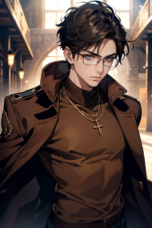 (tmasterpiece, high resolution, ultra - detailed:1.0), (1 boy, Young male), Eyes looking at the camera, Perfect male body, Extremely detailed CG, 8K wallpaper, Complicated details, solo person, Detailed face,(Black hair, brown coat,brown sweater, Glasses), color difference, Depth of field, dramatic shadow, Ray tracing, Best quality, Cinematic lighting, offcial art