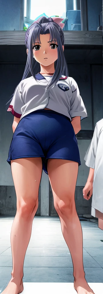 Momoko Koigakubo, a tall girl with beautiful legs, is standing with her legs spread to the side in a white gym suit and navy blue bloomers that look like panties.。