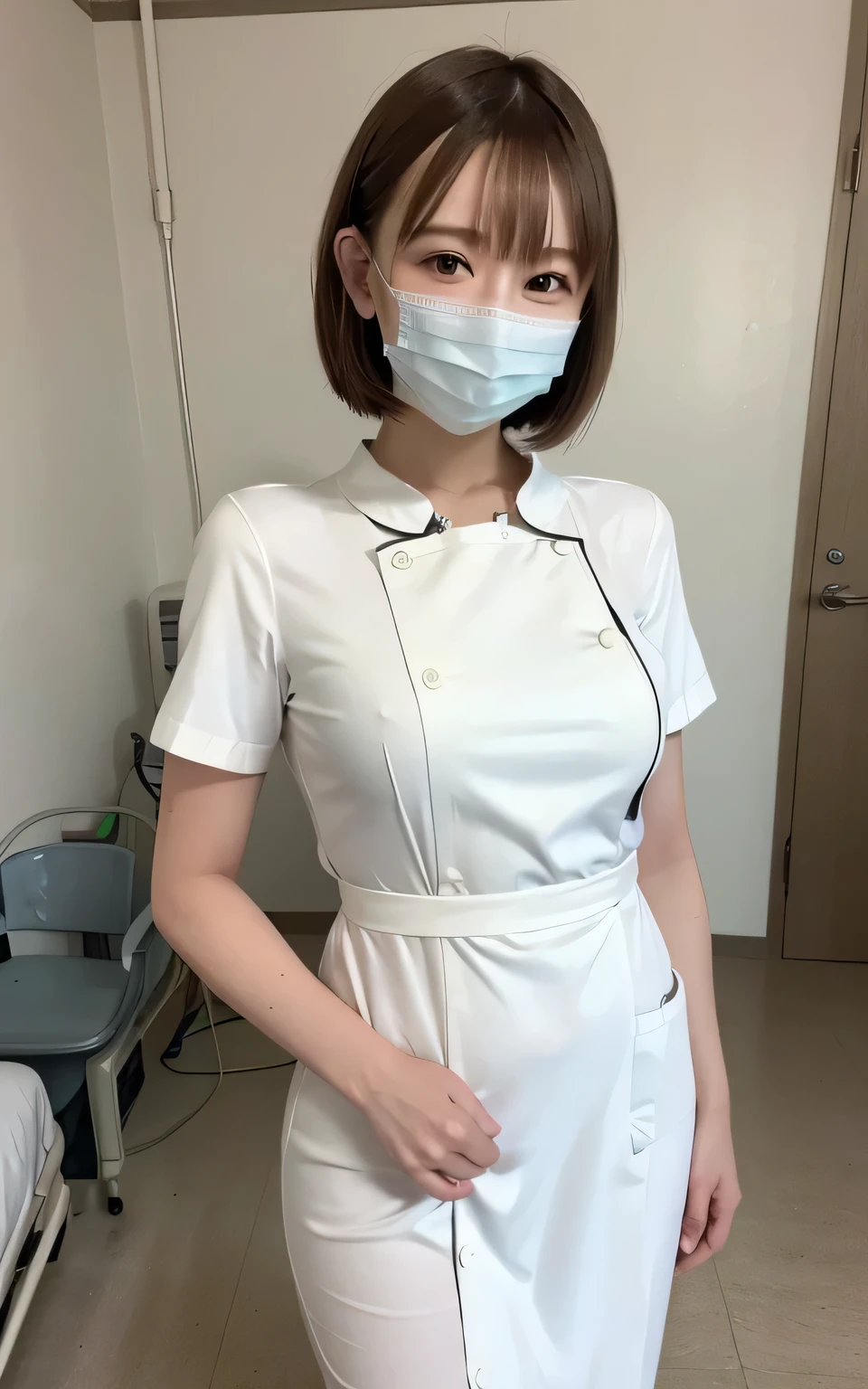 1 girl,(Wearing white nurse clothes:1.2),(RAW Photos, highest quality), (Realistic, photo-Realistic:1.4), masterpiece, Very delicate and beautiful, Very detailed, 2k wallpaper, wonderful, finely, Very detailed CG unity 8k wallpaper, Very detailed, High resolution, Soft Light, Beautiful detailed girl, Very detailed eyes and face, Beautiful and detailed nose, finely beautiful eyes, nurse, Perfect Anatomy, Black Hair, Upstyle, nurse uniform, ((mask)), Long skirt, nurse, White costume, thin, hospital, clear, White Uniform, hospital room, Neck auscultation,Bobcut