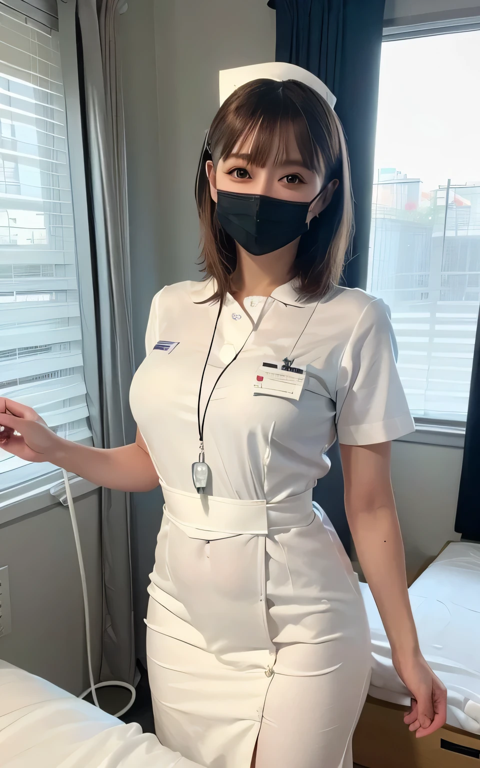 1 girl,(Wearing white nurse clothes:1.2),(RAW Photos, highest quality), (Realistic, photo-Realistic:1.4), masterpiece, Very delicate and beautiful, Very detailed, 2k wallpaper, wonderful, finely, Very detailed CG unity 8k wallpaper, Very detailed, High resolution, Soft Light, Beautiful detailed girl, Very detailed eyes and face, Beautiful and detailed nose, finely beautiful eyes, nurse, Perfect Anatomy, Black Hair, Upstyle, nurse uniform, ((mask)), Long skirt, nurse, White costume, thin, hospital, clear, White Uniform, hospital room, Neck auscultation,Bobcut