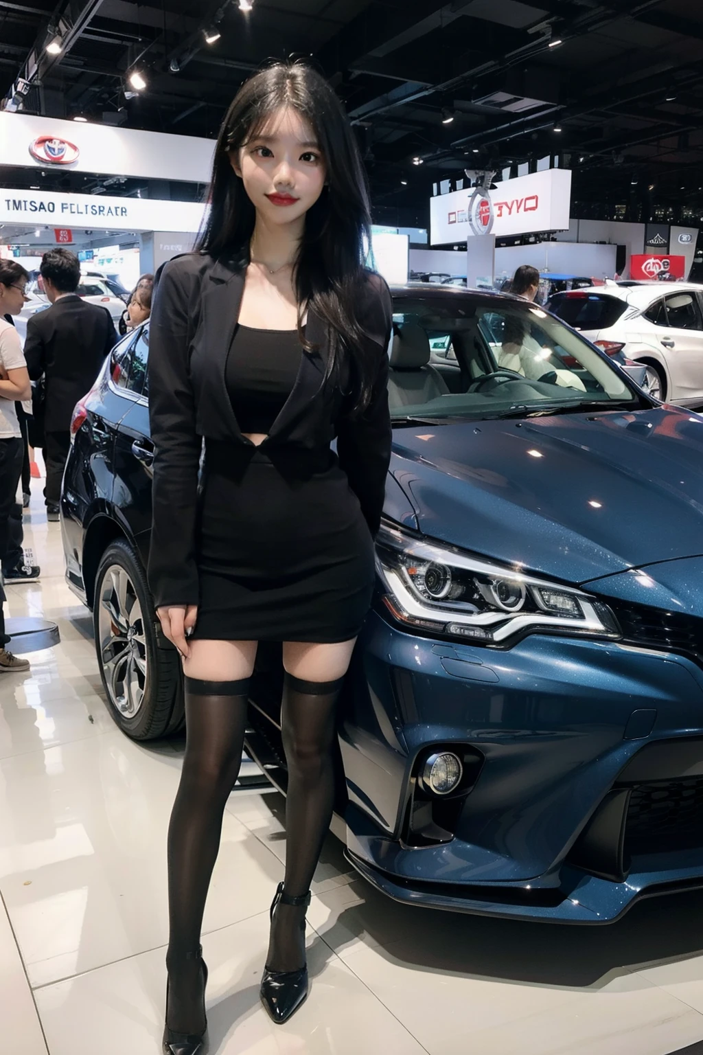 car show, girl model post in front of toyota car, for malaysia autoshow, 8K profile shot