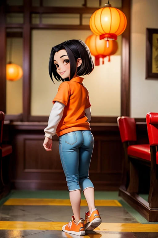 jadechan, short black hair, Brown eyes, orange sweatshirt, short sleeves, white long sleeves, sneakers, blue pants, I look at the viewer, smiling, Full body shot, standing, inside a Chinese restaurant, Soft lighting, high quality, masterpiece,  back view, ass