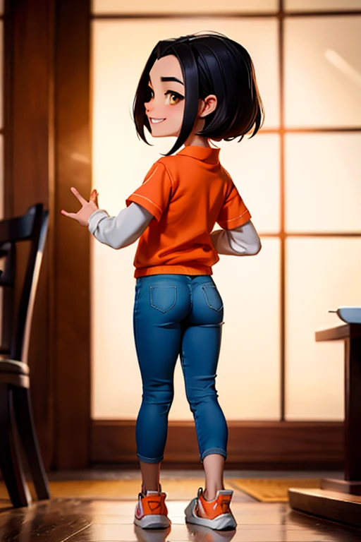 jadechan, short black hair, Brown eyes, orange sweatshirt, short sleeves, white long sleeves, sneakers, blue pants, I look at the viewer, smiling, Full body shot, standing, inside a Chinese restaurant, Soft lighting, high quality, masterpiece,  back view, ass