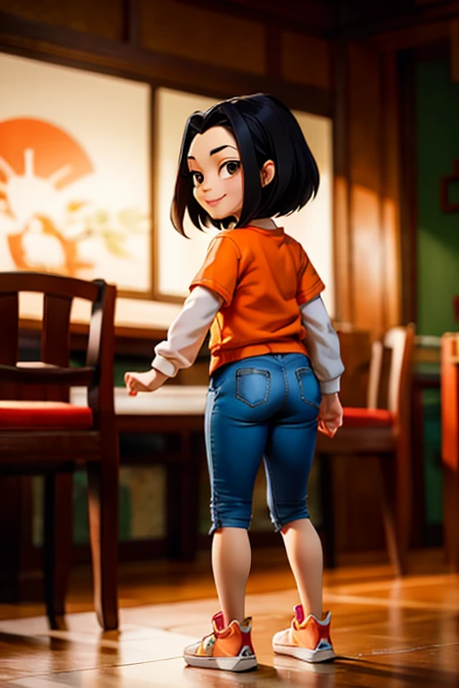 jadechan, short black hair, Brown eyes, orange sweatshirt, short sleeves, white long sleeves, sneakers, blue pants, I look at the viewer, smiling, Full body shot, standing, inside a Chinese restaurant, Soft lighting, high quality, masterpiece, back view, ass