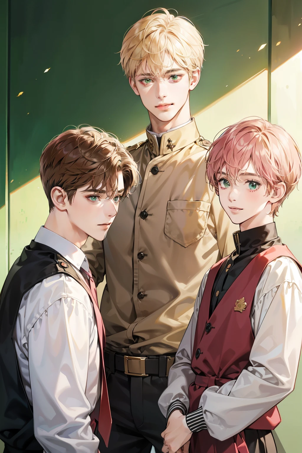 Friends, 3 boys, different hair color, short dark pink hair and brown eyes, short blonde hair and green eyes, short brown hair and brown eyes , in the school, side by side, cool, blonde hair boy is the tallest, light uniform, smile, white clothe