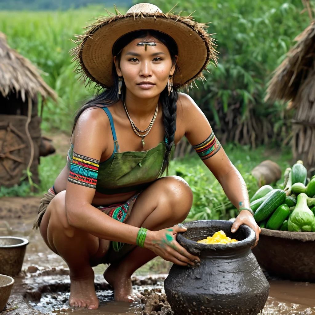 (best quality,4k,8k,highres,masterpiece:1.2),ultra-detailed,(realistic,photorealistic,photo-realistic:1.37),full body portrait of beautiful native tribal women in muddy primitive farm:1.2,(pounding vegetables into a mush in a large mortar and pestle)(primitive straw broad rim hat, colorful tribal belt, unclad, some tribal tattooing and body paint, confidence, big natural breast), (vivid colors, outdoors, green pastures). (head to toe, show all of her0
