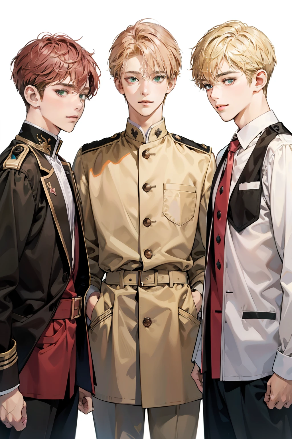 Friends, 3 boys, different hair color, short dark pink hair and brown eyes, short blonde hair and green eyes, short brown hair and brown eyes , in the school, side by side, cool, blonde hair boy is the tallest, light uniform, smile, white clothe