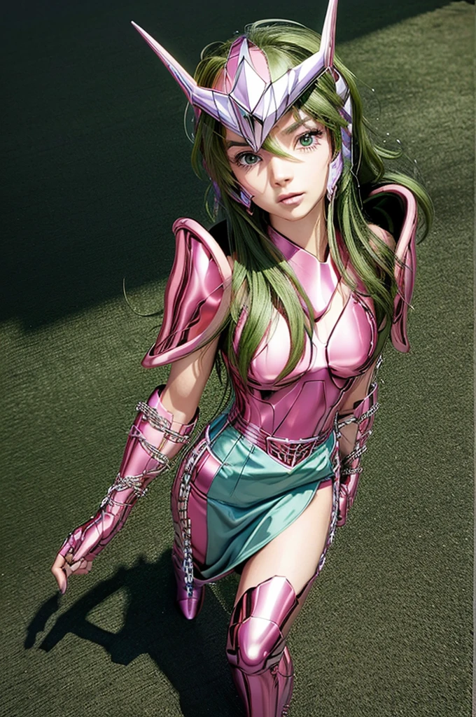 beautiful detail, best quality, 8k, highly detailed face and skin texture, high resolution, green long hair asian girl in green short sleeve and pink metalic armor with chain, shield at shoulder, wearing helmet, standing in flower field, full body, sharp focus