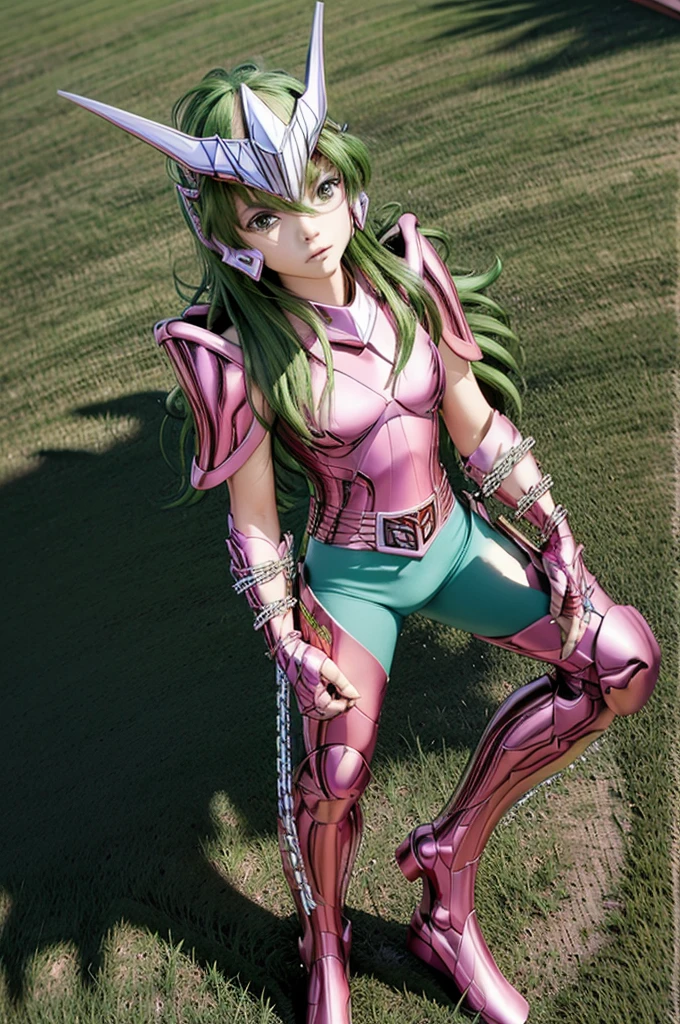 beautiful detail, best quality, 8k, highly detailed face and skin texture, high resolution, green long hair asian girl in green short sleeve and pink metalic armor with chain, shield at shoulder, wearing helmet, standing in flower field, full body, sharp focus