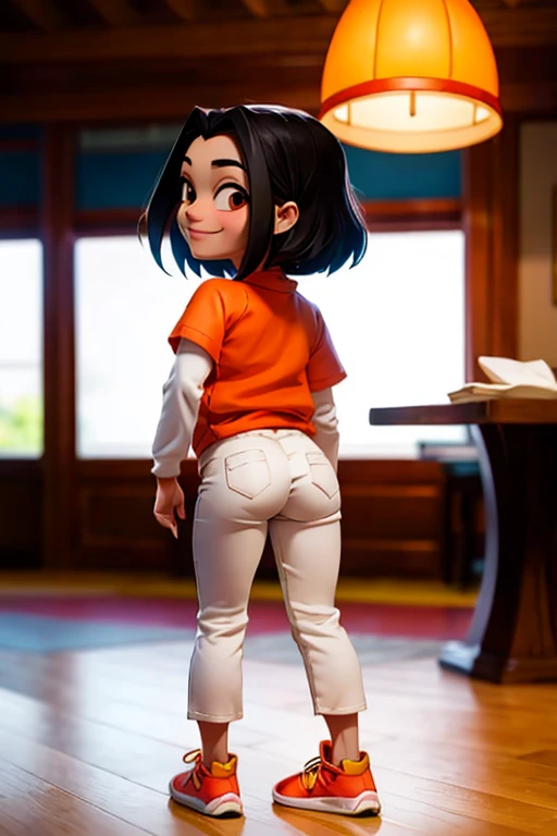 jadechan, short black hair, Brown eyes, orange sweatshirt, short sleeves, white long sleeves, sneakers, blue pants, I look at the viewer, smiling, Full body shot, standing, inside a Chinese restaurant, Soft lighting, high quality, masterpiece,  back view, ass, squatting, shy