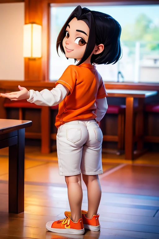 jadechan, short black hair, Brown eyes, orange sweatshirt, short sleeves, white long sleeves, sneakers, blue pants, I look at the viewer, smiling, Full body shot, standing, inside a Chinese restaurant, Soft lighting, high quality, masterpiece,  back view, ass, squatting, shy