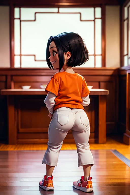 jadechan, short black hair, Brown eyes, orange sweatshirt, short sleeves, white long sleeves, sneakers, blue pants, I look at the viewer, smiling, Full body shot, standing, inside a Chinese restaurant, Soft lighting, high quality, masterpiece,  back view, ass, squatting, shy