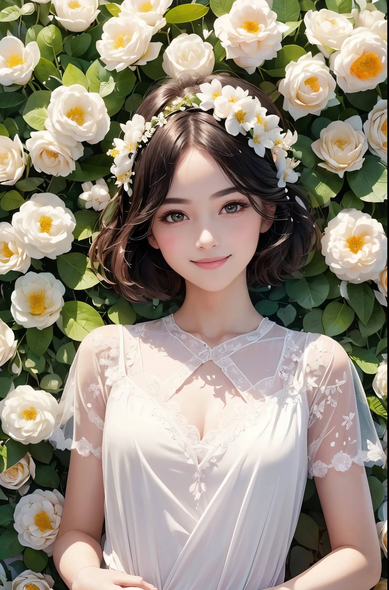 (masterpiece、highest quality、highest quality、Beautiful and beautiful:1.2)、(Excellent anatomy:1.5)、Drawing of a girl with straight short hair、White blouse、pearl decoration、A shy smile、Looking at the camera、Flowers and leaves on the head、Wedding Flowers