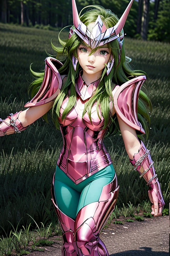 beautiful detail, best quality, 8k, highly detailed face and skin texture, high resolution, green long hair asian girl in green short sleeve and pink metalic armor with chain, shield at shoulder, wearing helmet, standing in flower field, full body, sharp focus