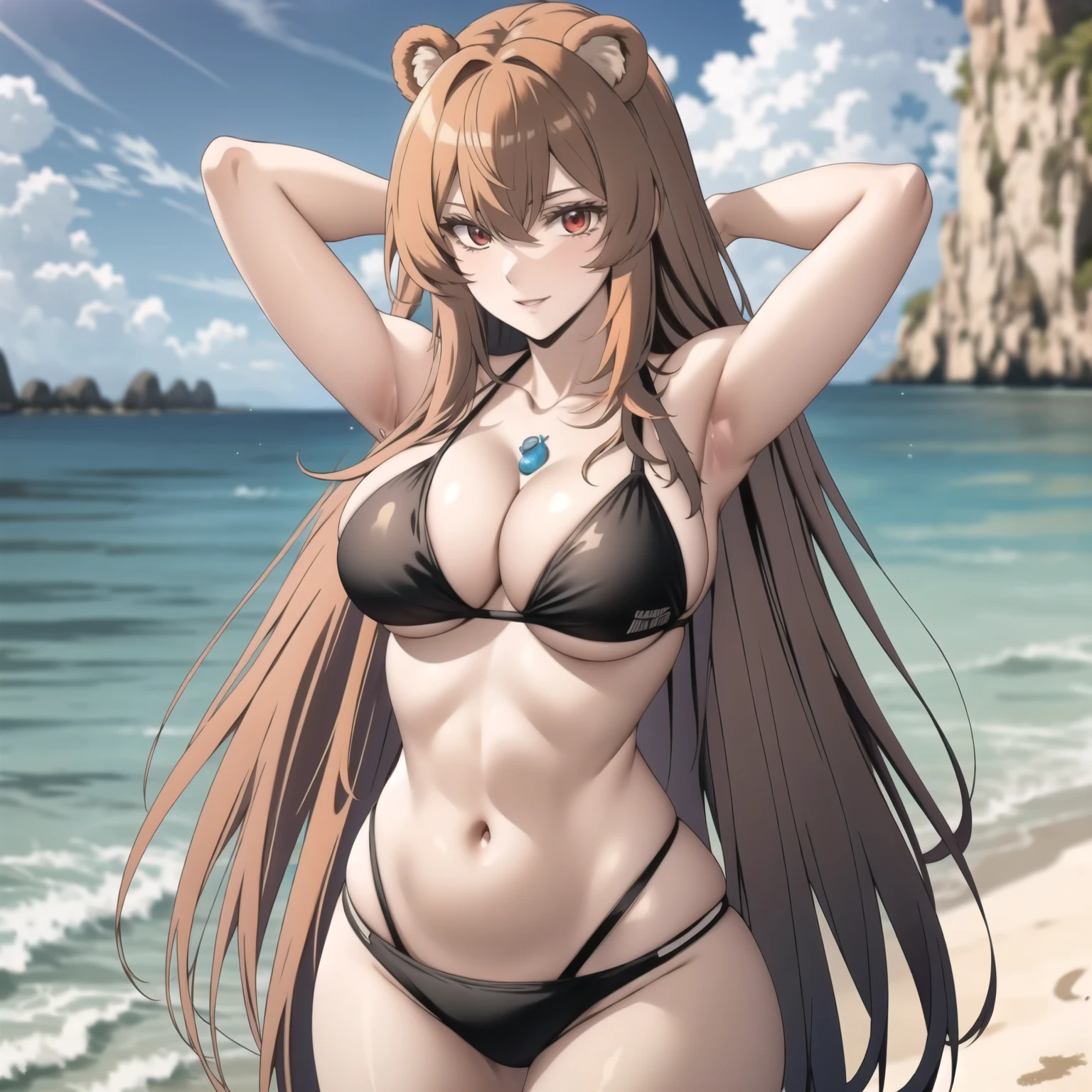 orejas de oso, Raphtalia woman 30 years old bright orange hair, orejas de oso, red eyes like rubies, pale skin, pechos grandes , bikini rojo, accesorios, sonrisa presumida, arms behind head, sacando pecho, cuerpo completo. manos perfectas. gotas de agua en su pecho, pose provocativa, playa de arena blanca. orejas de oso. cabello naranjo brillante. mujer malvada. orejas de oso en su cabeza. orejas de oso, orejas de oso, orejas de oso, orejas de oso.