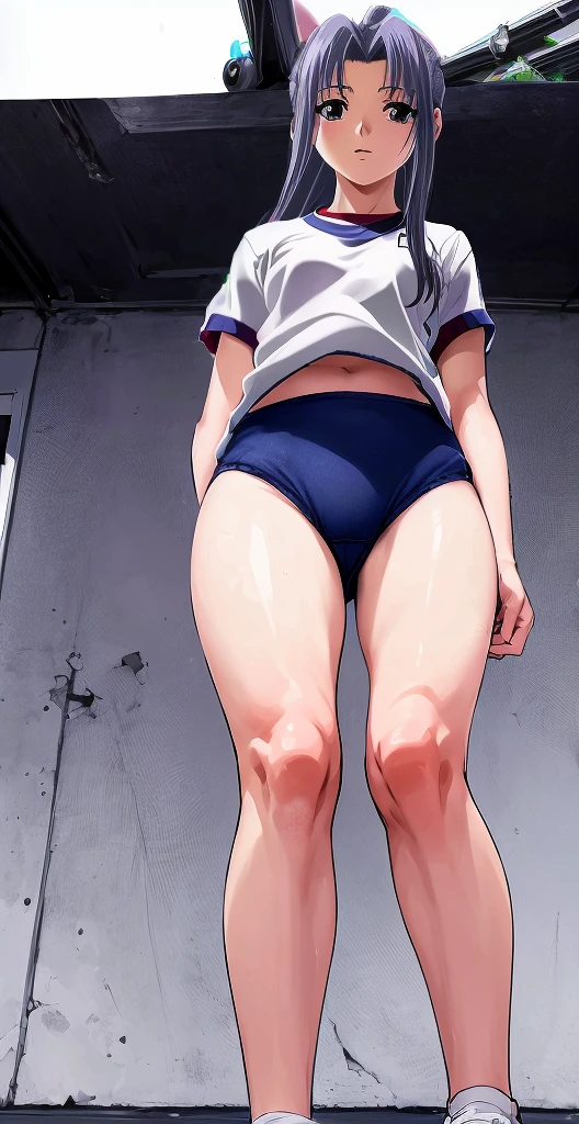 Momoko Koigakubo, a tall girl with beautiful legs, stands with her legs spread apart in a white gym uniform and navy blue bloomers that look like panties.。