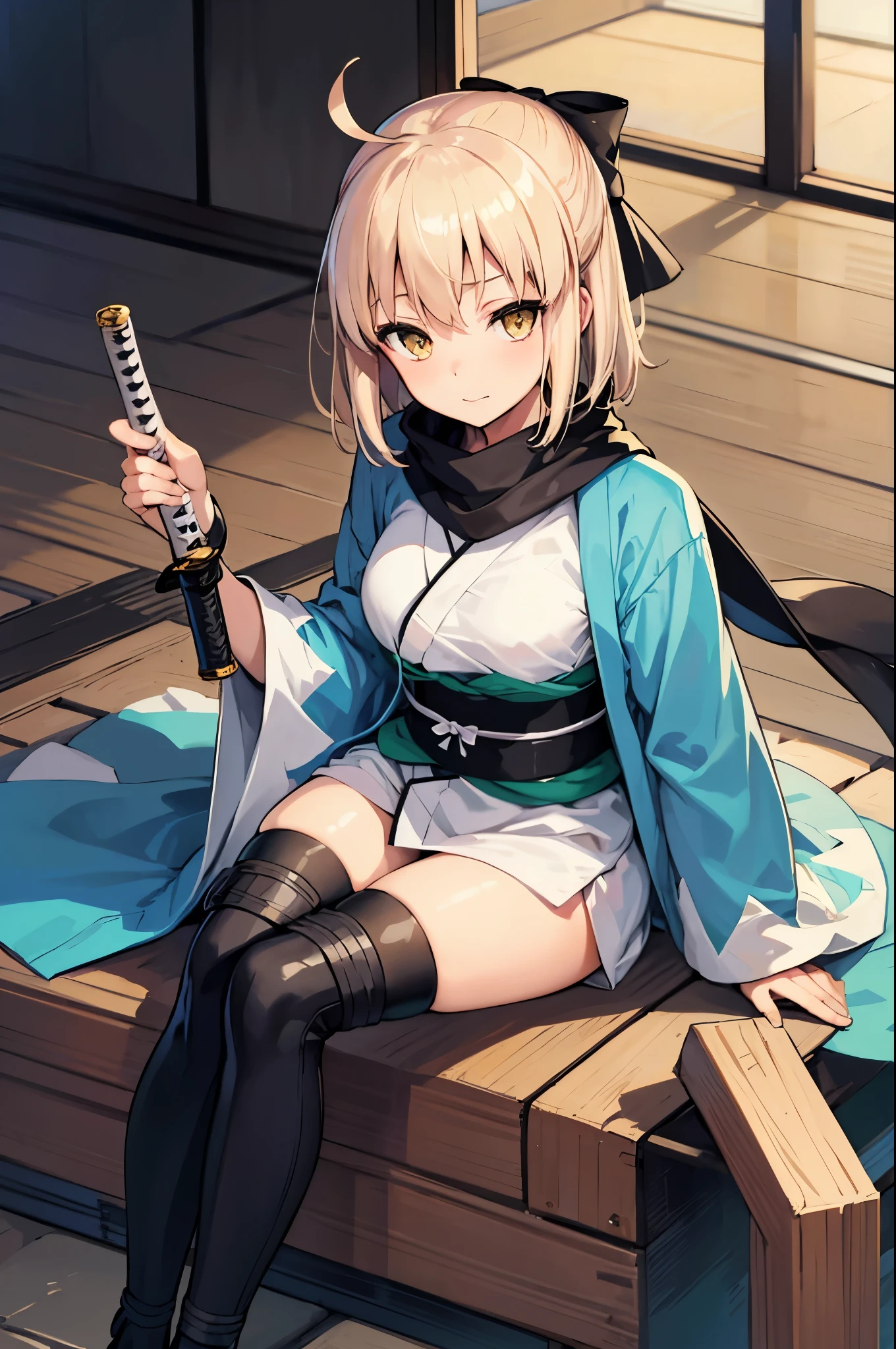 (masterpiece, best quality:1.2), expressive eyes, perfect face, highres, 1girl, solo, OkitaSouji, arm guards,wide sleeves,toeless legwear,bangs,obi, white kimono, shinsengumi, black thighighs, yellow eyes,thighhighs , short kimono, haori, black bow, black scarf, short hair, ahoge, scarf, blonde hair, hairbow,bow, kimono,japanese clothes, sitting, crossed legs, portrait, looking at the viewer
