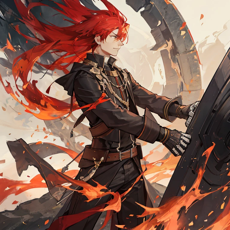I am a nineteen-year-old young man., He had fiery red hair and a necromancer's staff, his fiery red hair flowing down to his shoulders.., A sharp contrast to the typical black or brown shades of its peers.. In his hands, he held a wooden cane, Decorated with ancient symbols and amulets to manipulate the supernatural world of hair.. His intense eyes hinted at the power hidden within him.., Makes onlookers interesting and cautious.. He wore a simple tunic., reveal something strong, strong muscles in the arms, Sprinkling the ashes of the burnt offering. his eyes shined