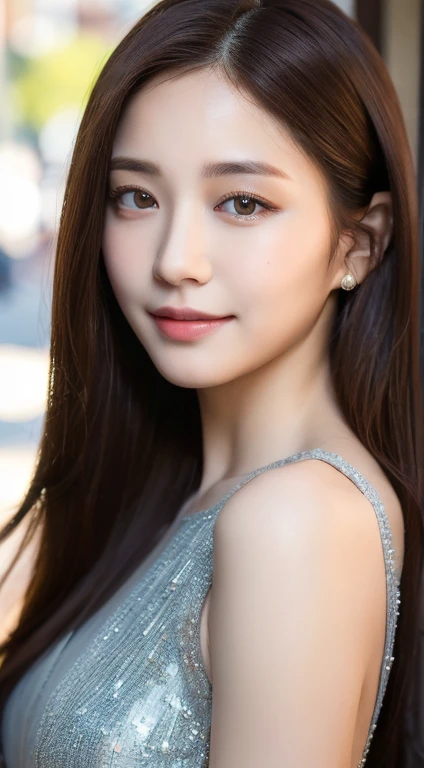 ((best quality, 8k, masterpiece :1.3)), 1 Girl, Smile, whole body, Thin face, pretty Woman, (Dark brown hair), Long Dress :1.1, Ultra-fine face, Delicate eyes, double eyelids,  Blurred Background, Thin face, City, external, street,