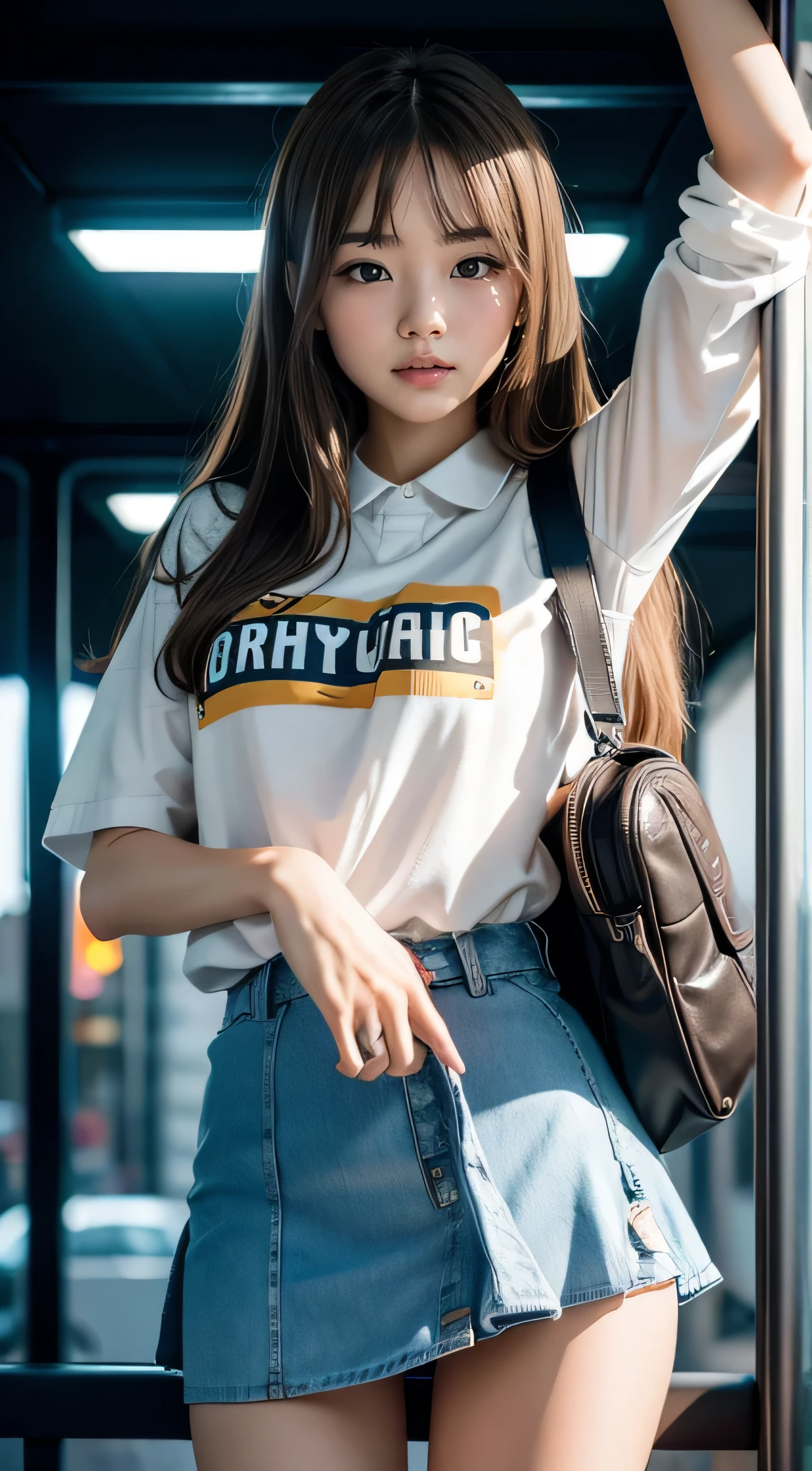 10-year-old girl，Thin and thin，long hair details，big brown eyes, brown hair, It's a school bag，pretty eyes，elementary student，legs long，ultraclear，Top image quality，cleanness，in schoolbus，nsfw, legs apart, mouth open, low angle, vibrant color grading, low-angle shot, realism, realistic, 75 mm lens, cinematic lighting, HDR, 8k, bald pussy, night time outside, indoor lighting from bus