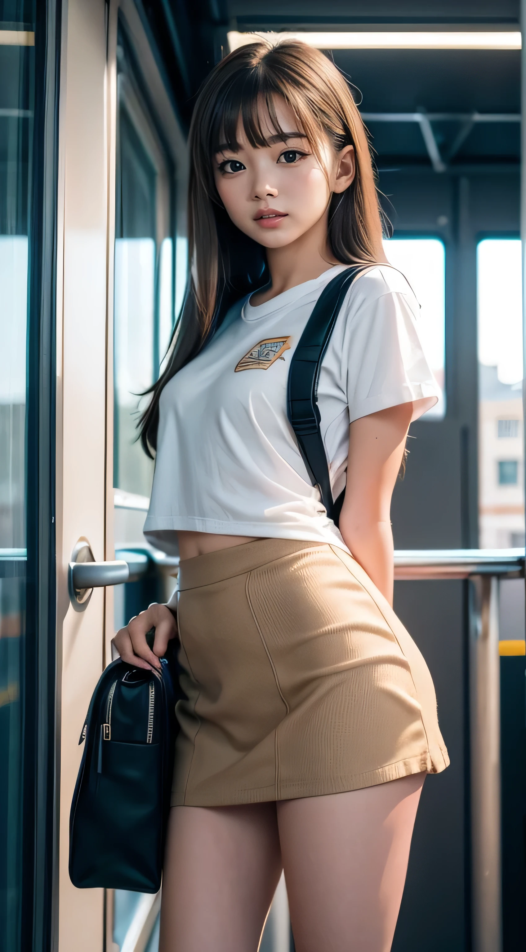 10-year-old girl，Thin and thin，long hair details，big brown eyes, brown hair, It's a school bag，pretty eyes，elementary student，legs long，ultraclear，Top image quality，cleanness，in schoolbus，nsfw, legs apart, mouth open, low angle, vibrant color grading, low-angle shot, realism, realistic, 75 mm lens, cinematic lighting, HDR, 8k, bald pussy, night time outside, indoor lighting from bus