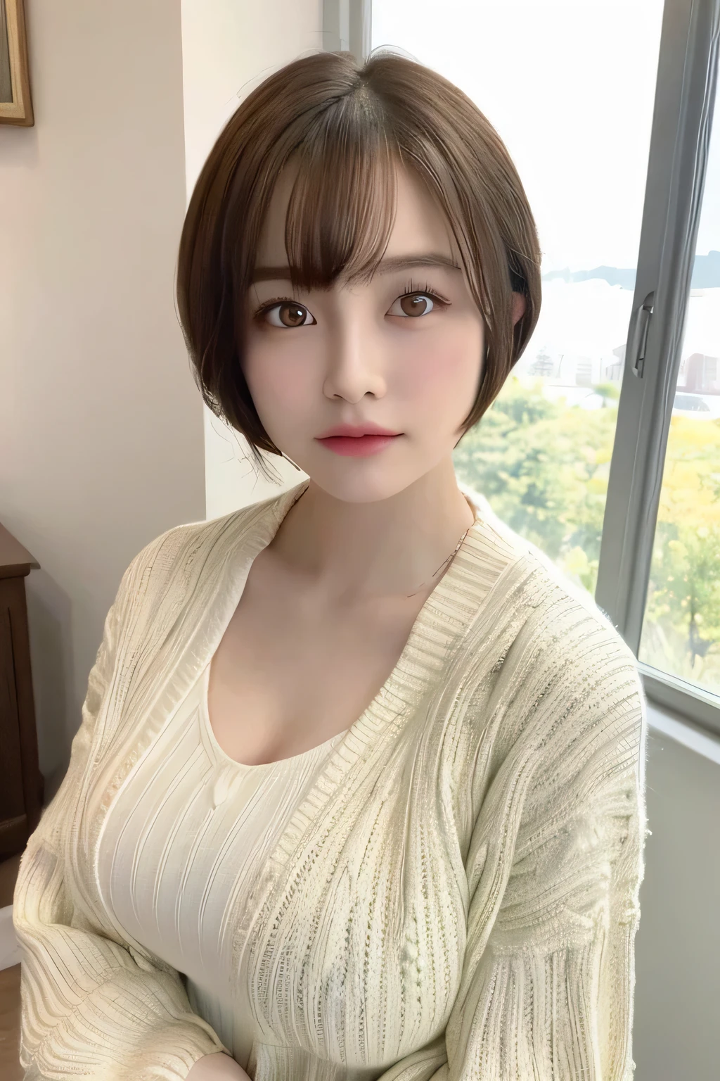 ((highest quality, 8k, masterpiece:1.3)), detailed Woman:1.3, (Medium Short Hair, :1.2), cardigan:1.1, Ultra detailed, detailed, eyelid