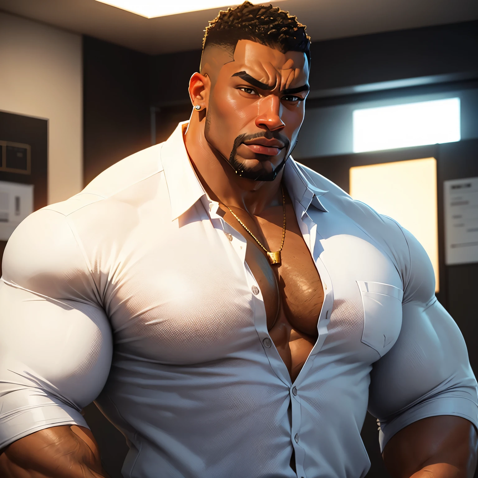 an exaggeratedly muscular and large bodyguard, beefy build, hefty, goatee, dark-skinned african american male, buzzcut hair with square line, (surprised expression: 1.2), (wearing white casual business shirt: 1.2), small company badge on shirt, (bara pecs: 1.3), beefy pecs, gold earrings, small gold necklace, arm tattoo, (arm and chest hair: 1.1), portrait HD, (fluorescent bright business office)