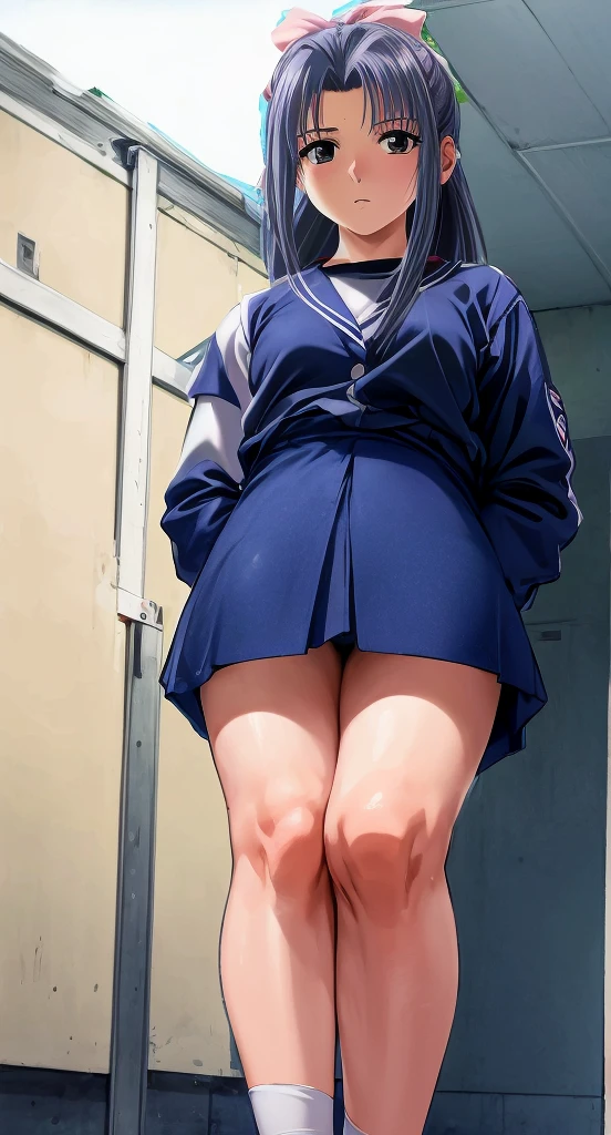 Momoko Koigakubo, a tall girl with beautiful legs, is standing with her legs spread to the side in a white gym suit and navy blue bloomers that look like panties.。