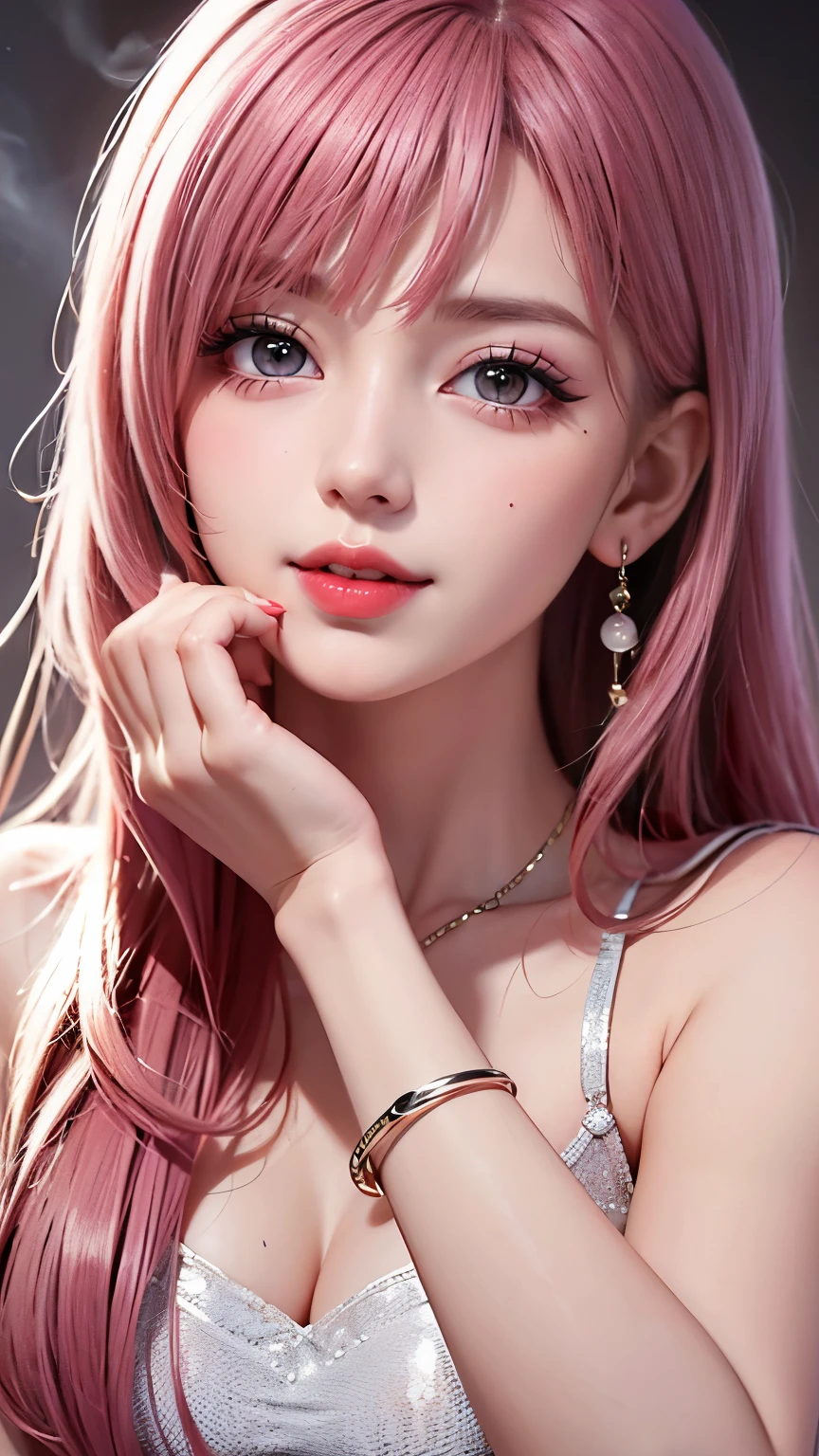 One Girl, alone, Long Hair, View audience, smile, jewelry, Pink Hair、 Mouth closed, Blunt bangs, Manicure, bracelet, lips, Grey Eyes, Portraiture, Red nails, close, red lips, Put your hands on your face, Put your hand on your cheek,(Mature Woman),(Shiny skin),((Steaming body))