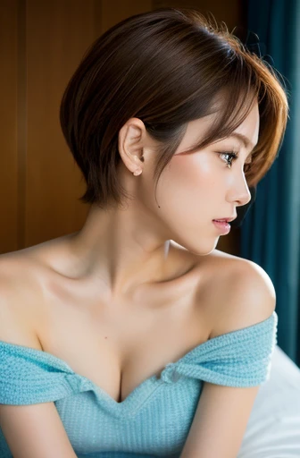 (masterpiece:1.3), (8k, Photorealistic, Raw photo, Best image quality: 1.4), Japanese women、profile、Cleavage:0.5、Super detailed face、Attention to detail、double eyelid、Look up、Put your chest together、Light brown hair、Boyish and sporty short hair、highest quality、masterpiece、超A high resolution、(Photorealistic:1.4)、Highly detailed and professional lighting、In the bedroom、Casual Fashion、Off the shoulder、Deadly position