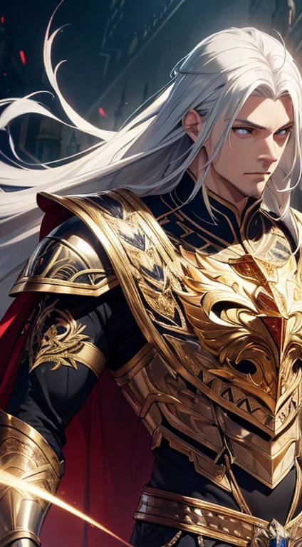 A man, silver hair, gold Eagle knight, fine armor, intricate design, red details, silk, cinematic lighting, 4k, floating hair, sharp, prism, shining knight