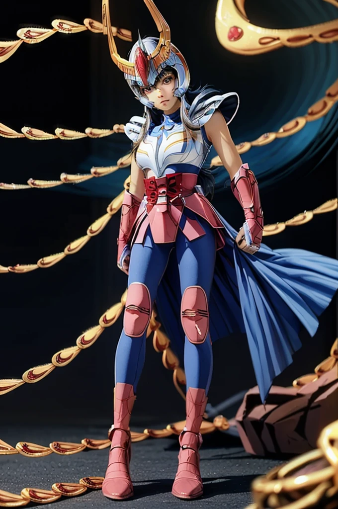 beautiful detail, best quality, 8k, highly detailed face and skin texture, high resolution, blue long hair asian girl in blue short sleeve and metal armor and red metalic skirt, wearing helmet, standing near volcano, full body, sharp focus