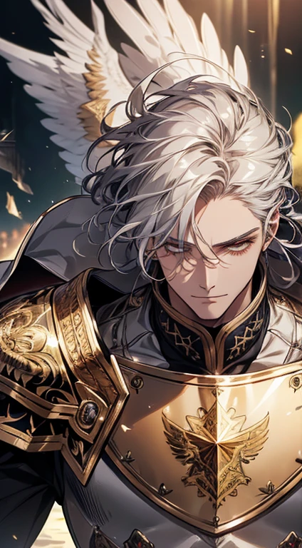 A man, silver hair, gold Eagle knight, fine armor, intricate design, red details, silk, cinematic lighting, 4k, floating hair, sharp, prism, shining knight