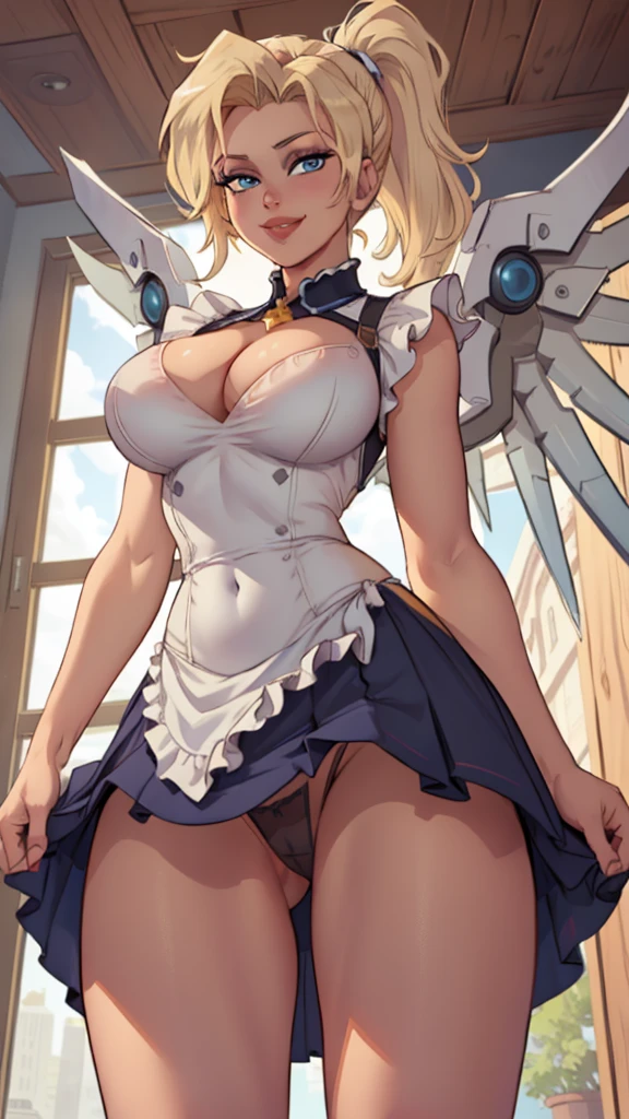 1 girl,(solo), (cowboy shot:1.4), (masterpiece:1.2), (best quality:1.2),looking at viewer,dynamic pose, (ultra detailed),realistic, perfect eyes,blue eyes,short blonde hair,high short ponytail,Mercy,wings,crop top, curvy,(from below:1.3), (skirt lift),(fully exposed panties:1.5),smile, cartoon, cleavage,(maid)