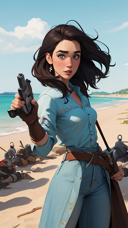 Woman character jeday style warrior armed with a 38 revolver western style atompunk Fallout 4 Jennifer Connelly le with marks of war Cartoon image of a woman .Ilustra??o estilo desenho animado, estilo de arte dos desenhos animados, estilo de arte dos desenhos animados, digital illustration style, estilo atompunk design de personagens altamente detalhado, arte digital detalhada coragem, Forest fan art, Design de personagens de retrato, beautiful digital illustration, retrato de alta qualidade, Arte em quadrinhos, mulher jovem cabelo com transas lindas . Queen Anna of ArendelleBeautiful lined eyes Medium large bust and wonderful sexy clothes. image expression of sexual desire from waist to head illustration Queen Anne of Arendelle atompunk style Fallout 4 The perspective is from below, enfatizando a majestade e o poder da Gigante." armed with a 38 revolver western style with a 38 revolver in her hands jeday style warrior in summer clothes on the beach