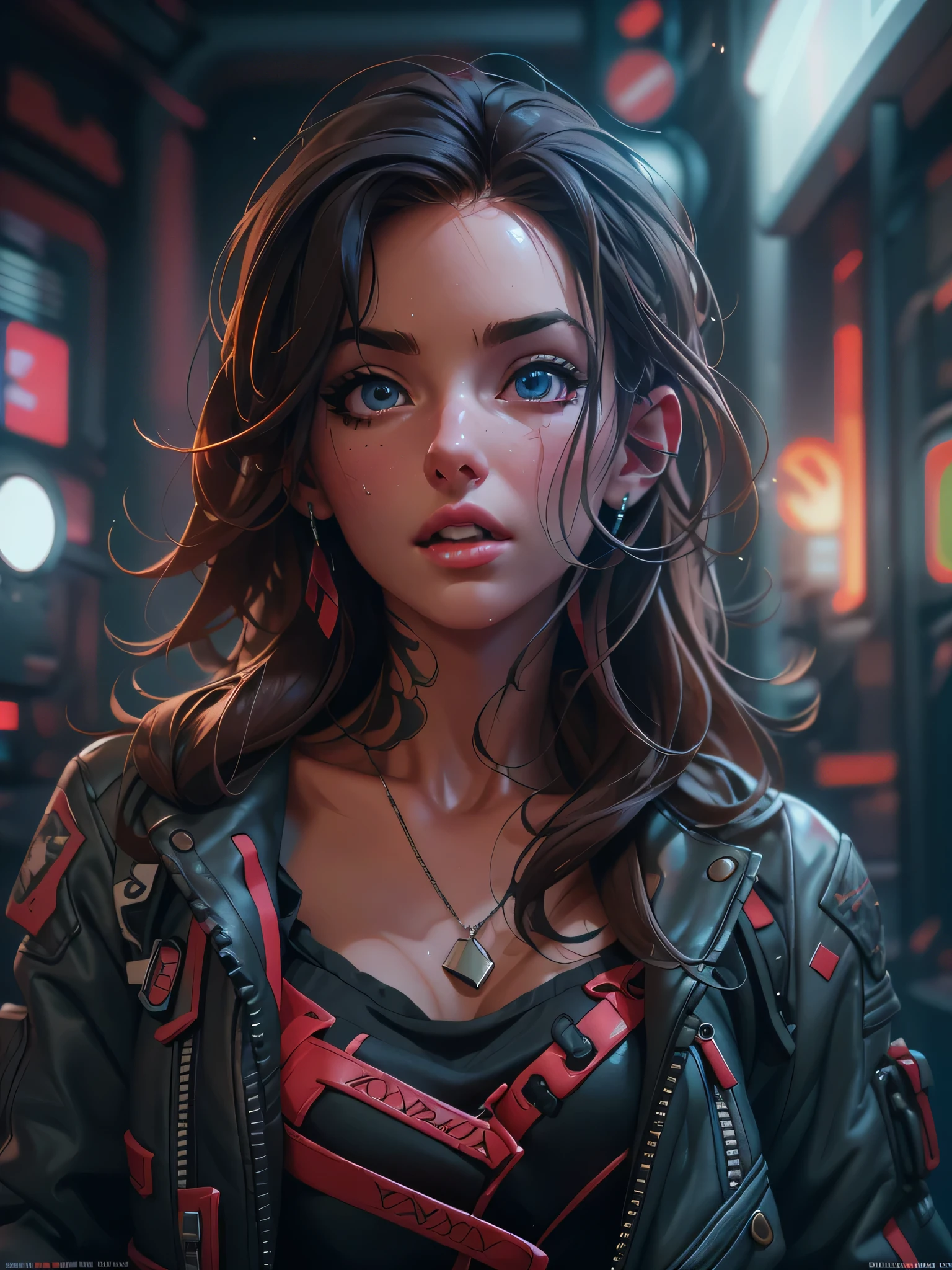 Full face portrait photo of a 20-year-old European girl, RAW, beautiful woman, semi-open strawberry lips, dimples, wistful look, (extra long wavy brown hair), ((detailed face)), ((detailed facial features)), (finely detailed skin), pale skin, (deep neckline detailed high-tech cyberpunk dress), cyberpunk megacity environment, (cool colors), damp, damp, reflections, (masterpiece) (perfect proportion)(realistic photo)(best quality) (detailed) shot on a Canon EOS R5, 50mm lens, F/2.8, HDR, (8k) (wallpaper) (cinematic lighting) (dramatic lighting) (sharp focus) (intricate), RAW photo, RAW photo, gigachad photo, posing for camera, black jeans, arms back, 8k uhd, dslr, high quality, film grain, Fujifilm XT3, extremely detailed, photorealistic, realistic, incredibly absurd, highly detailed, Sharp focus, (Professional Studio Lighting), (Professional Color Grading), Edge Lighting, Dramatic lighting, Cinematic lighting, Lumen reflections, Soft natural lighting, Soft color, Photon mapping, Radiosity, (Beautiful eyes), (Detailed eyes), (Detailed face), symmetrical eyes, sharp eyes, cold face, full body, thin waist, beautiful and sexy woman, perfect hips, (gym), immensely attractive, extremely attractive, flirtatious and playful, hyperrealism, trend in artstation, polished, beautiful, radiant, synesthesia, vibrant, unreal motor 5, ChristyMackQuiron
