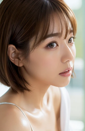 (masterpiece:1.3), (8k, Photorealistic, Raw photo, Best image quality: 1.4), Japanese women、profile、Cleavage:0.5、Super detailed face、Attention to detail、double eyelid、Look up、Put your chest together、Light brown hair、Boyish and sporty short hair、highest quality、masterpiece、超A high resolution、(Photorealistic:1.4)、Highly detailed and professional lighting、In the bedroom、Casual Fashion、Off the shoulder、Deadly position