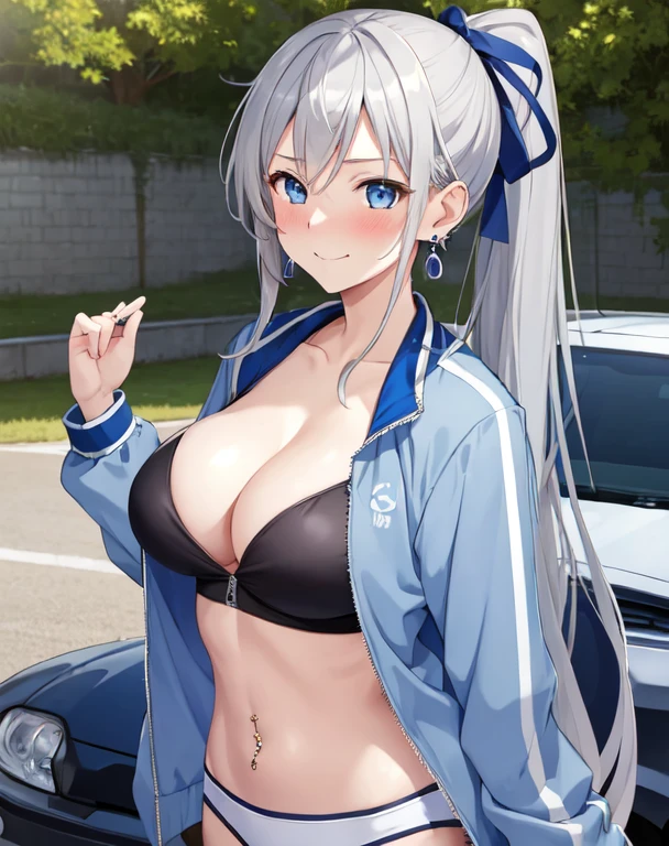 (((masterpiece))), ShizukaMikazuki, One Girl, alone, View audience, Long Hair, Gray Hair, Long sleeve, Cleavage, Large Breasts, Mature Body,clavicle, Jacket, Open clothes, open Jacket, blue Jacket, Ground vehicles, Play sports often, bicycle,Clear light blue eyes, Blushing,High Ponytail, Navy blue ribbon,smile,Embarrassed face,Earrings,Silver navel piercing